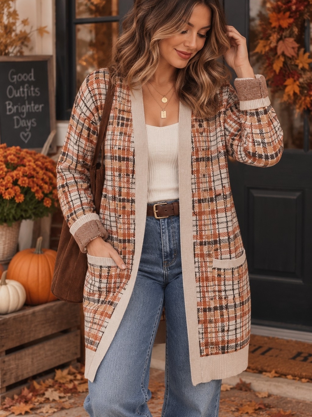 MAX STUDIO Plaid Longline Cardigan Medium | Fall Cottagecore Cozy Sweater